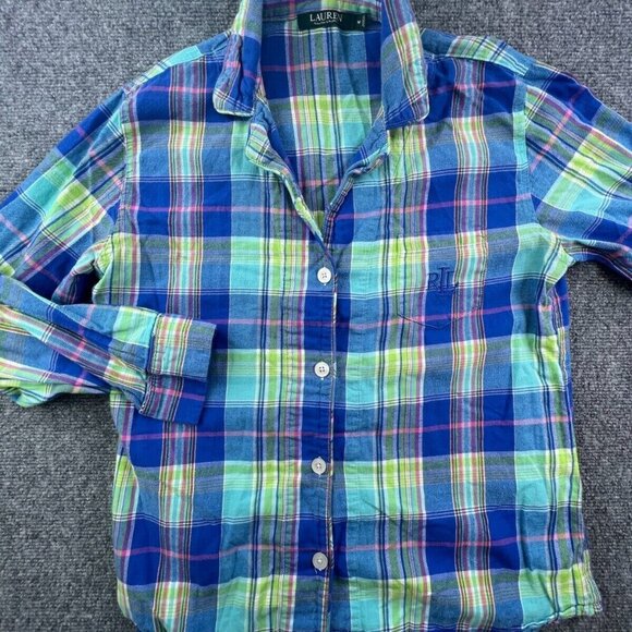 Lauren Ralph Lauren Shirt Womens Medium Blue Pink Green Button Up Pajama Sleep - Picture 1 of 16